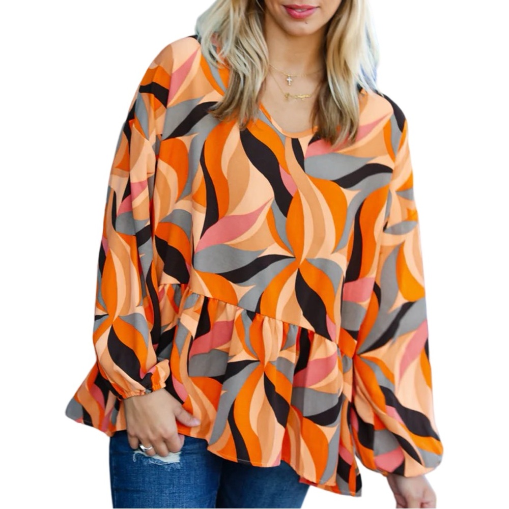 NEW HAPTICS RUST ABSTRACT PRINT V NECK PEPLUM TOP - Picture 7 of 10